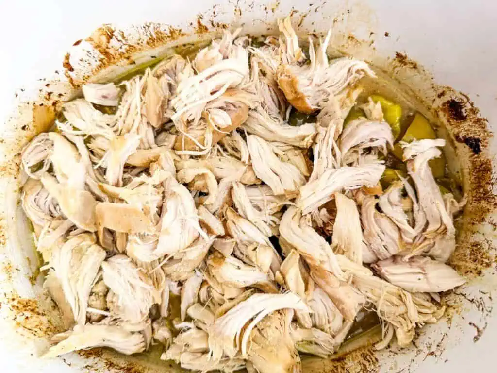 Shredded cooked chicken in a dish with light broth and seasonings.