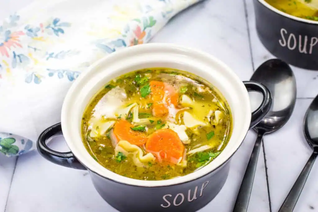 A black bowl of rotisserie chicken noodle soup, containing shredded chicken, egg noodles, sliced carrots, and fresh herbs in a golden broth.