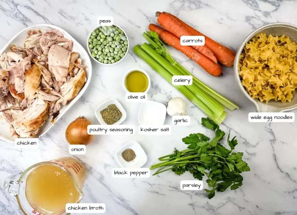 Ingredients on a marble surface include shredded chicken, frozen peas, carrots, celery, lasagna noodles, broth, onion, olive oil, garlic, parsley, and small bowls of spices with label.