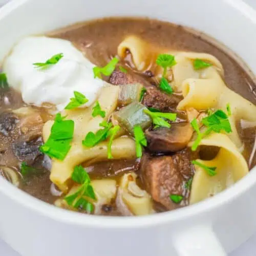 A bowl of beef stroganoff soup topped with a dollop of sour cream and garnished with parsley.