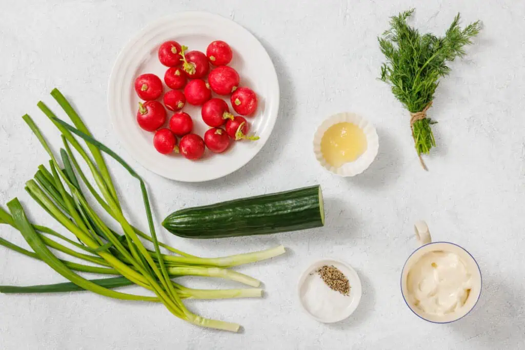 Ingredients on a surface: radishes on a plate, a cucumber, green onions, dill, a bowl of mayonnaise, and small dishes of honey, salt, and pepper.