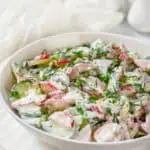 A bowl of fresh salad with sliced radishes, cucumbers, and herbs, dressed in a creamy white sauce, on a white plate.