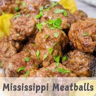 Close-up of a plate of Mississippi Meatballs garnished with parsley, labeled "Mississippi Meatballs.