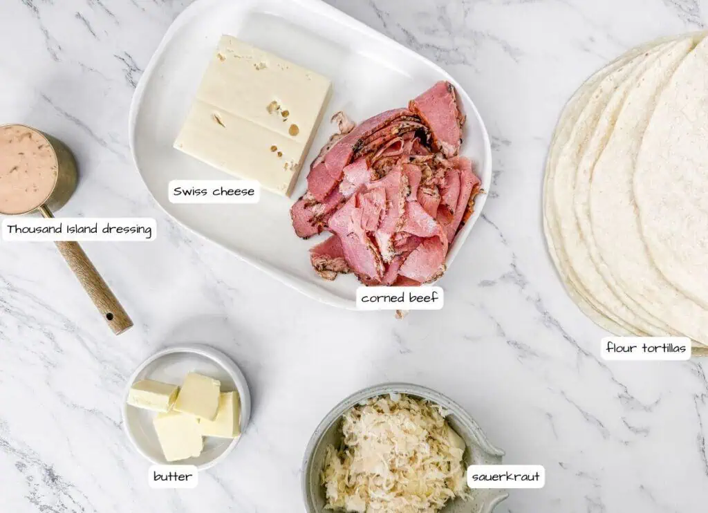 Reuben Quesadillas prepared ingredients.