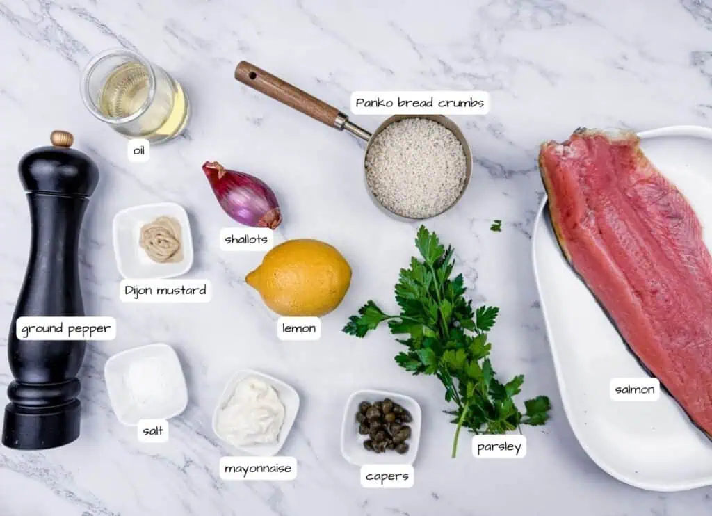 Ingredients for a salmon dish: raw salmon, panko bread crumbs, oil, lemon, shallots, parsley, capers, mayonnaise, Dijon mustard, salt, and pepper on a marble surface.