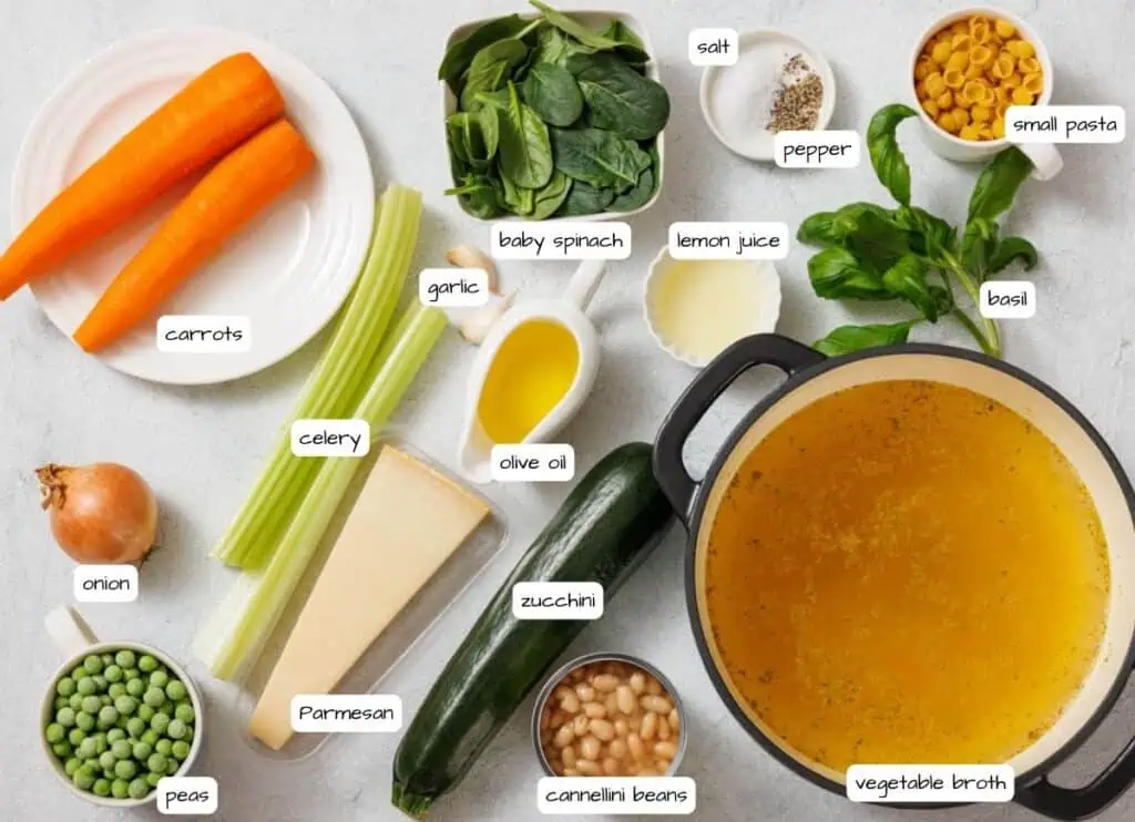 Ingredients for vegetable soup displayed: carrots, celery, zucchini, onion, peas, spinach, cannellini beans, pasta, basil, Parmesan, olive oil, lemon juice, salt, and pepper with vegetable broth.