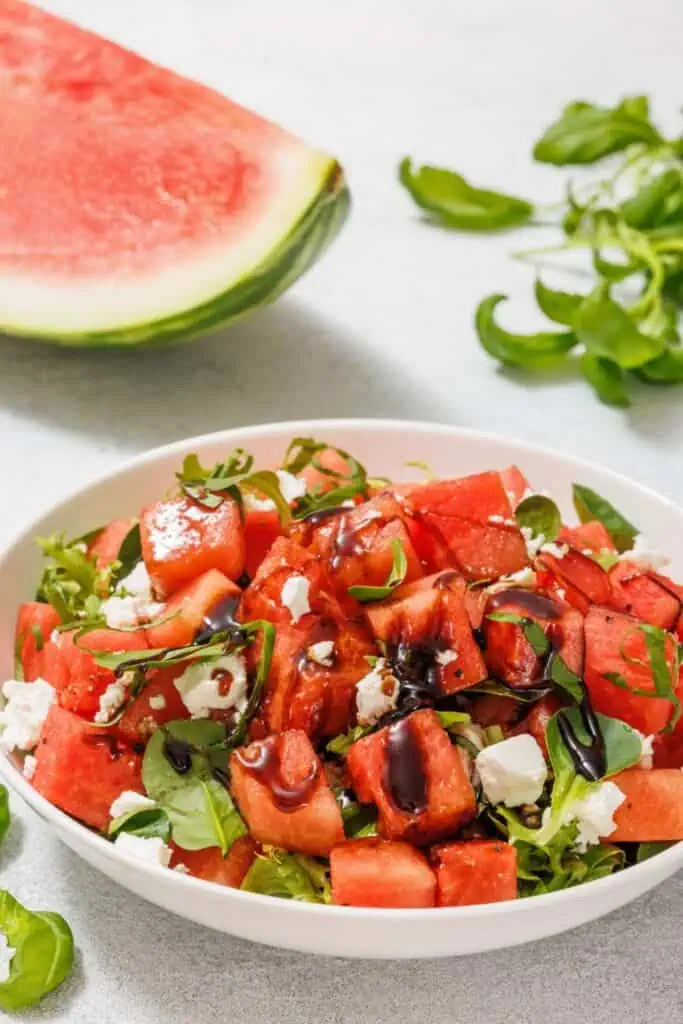 Photo of Watermelon Salad with Balsamic Glaze and Feta.