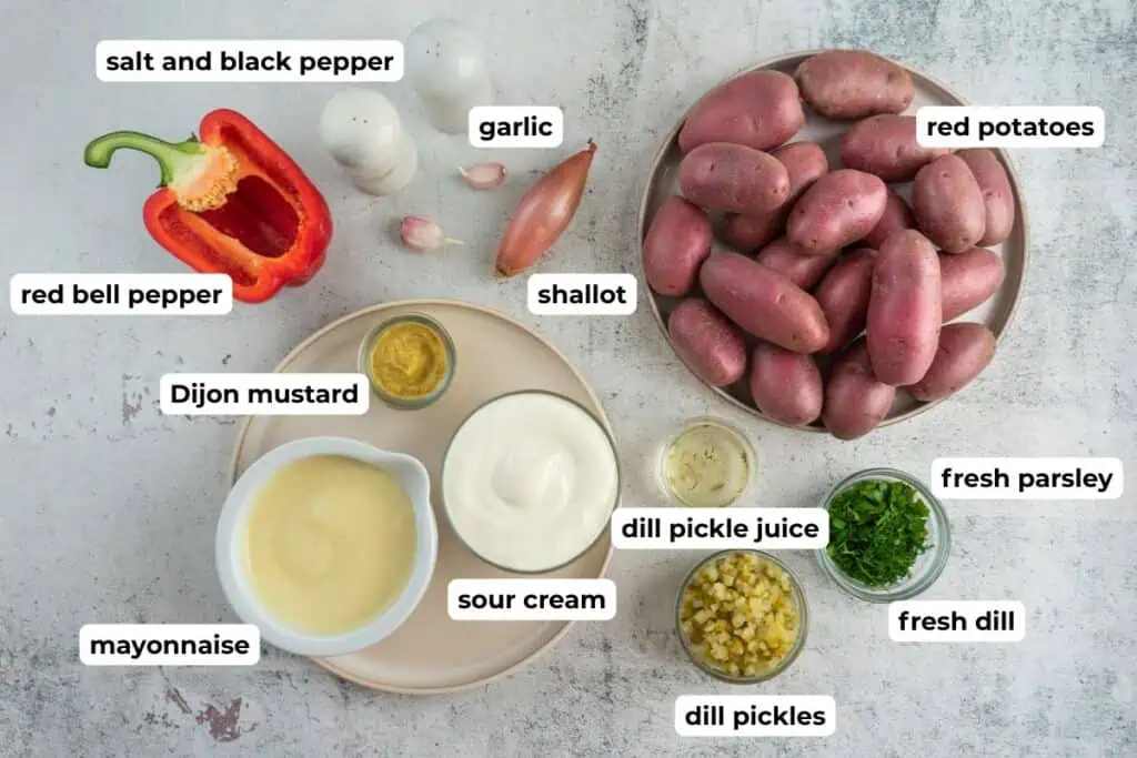 Ingredients for Creamy Red Potato Salad with Pickle.