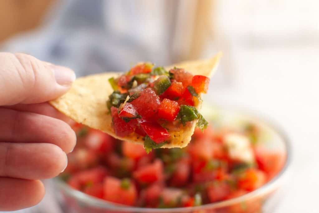 A hand holds a tortilla chip topped with watermelon salsa, with a blurred bowl of salsa in the background.