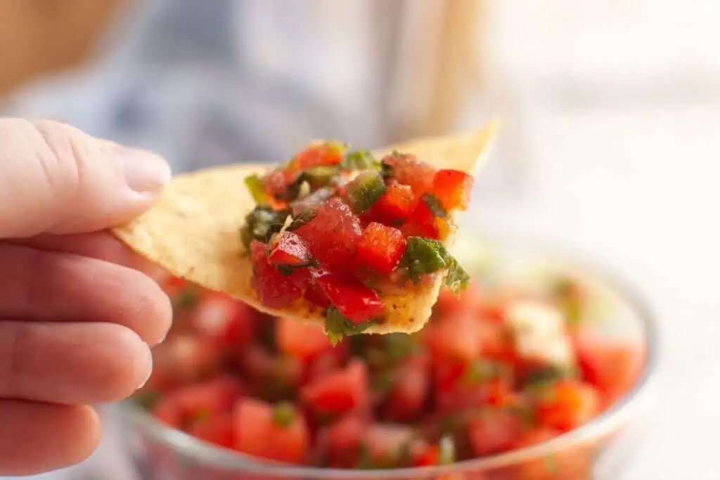 A hand holds a tortilla chip topped with watermelon salsa, with a blurred bowl of salsa in the background.