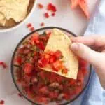 A hand holds a tortilla chip topped with watermelon salsa, with a bowl of chips and watermelon slices visible in the background.