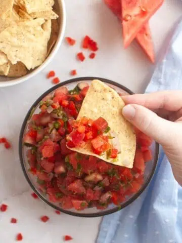 A hand holds a tortilla chip topped with watermelon salsa, with a bowl of chips and watermelon slices visible in the background.