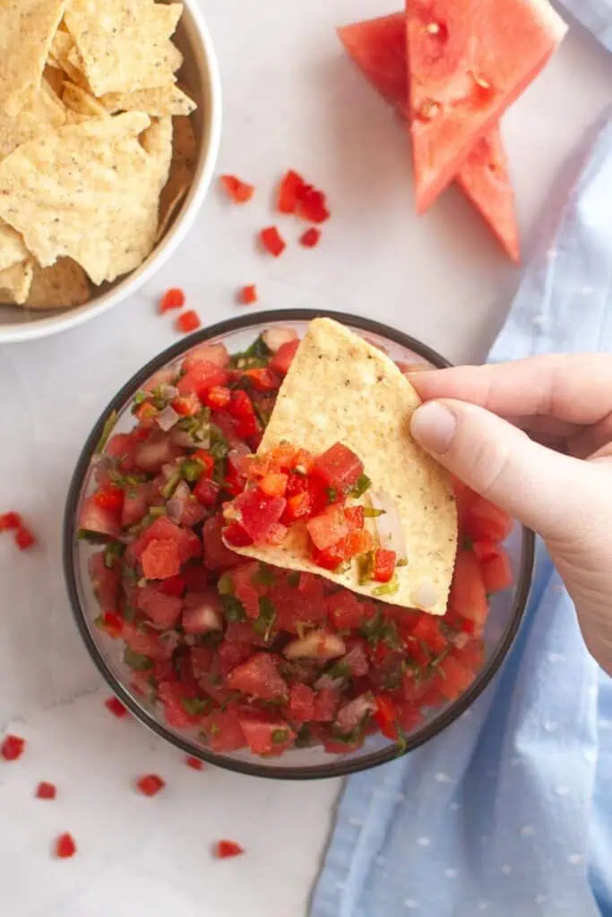 A hand holds a tortilla chip topped with watermelon salsa, with a bowl of chips and watermelon slices visible in the background.