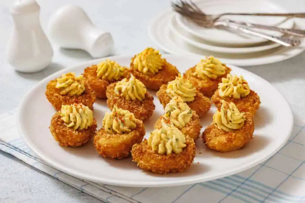 A white plate with fried deviled eggs, garnished with herbs, is shown with salt and pepper shakers, plates, forks, and a cloth in the background.