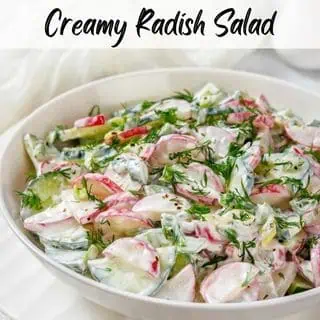 A bowl of fresh salad with sliced radishes, cucumbers, and herbs, dressed in a creamy white sauce, on a white plate.
