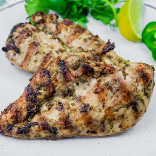 Grilled chicken with cilantro leaves and a slice of lemon in a white plate.