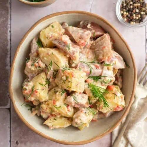 Photo of a delicious Creamy Red Potato Salad with Pickle.