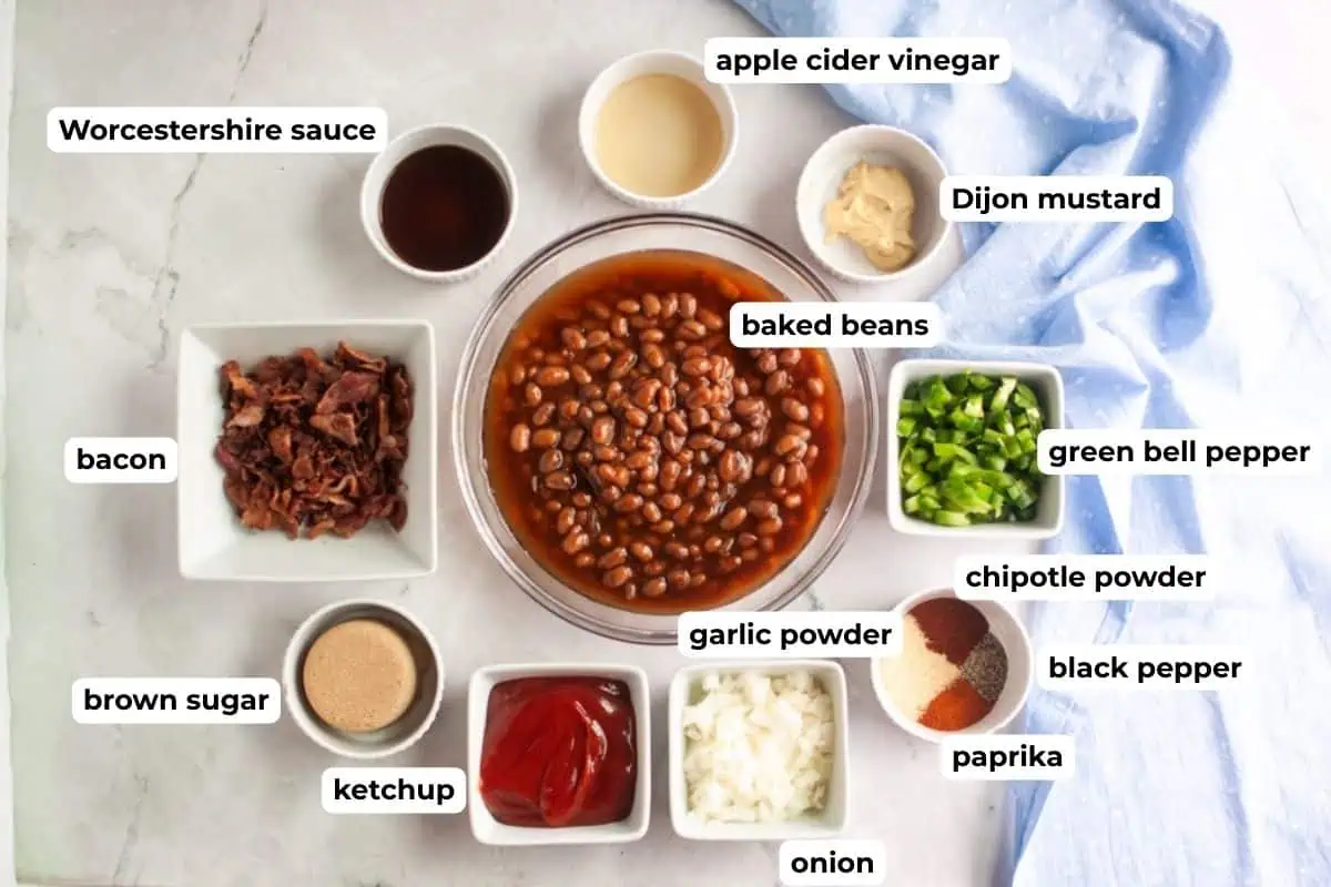 Ingredients for baked beans are arranged in bowls, including bacon, baked beans, green bell pepper, onion, ketchup, brown sugar, and various spices and sauces, each labeled.