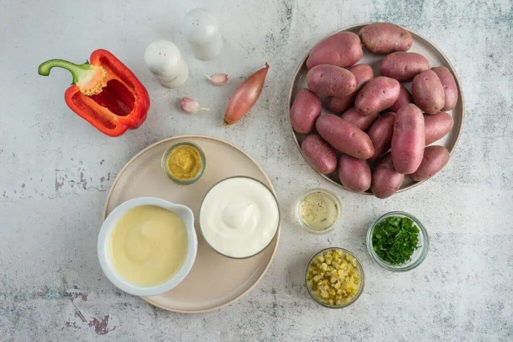 Ingredients for Creamy Red Potato Salad with Pickle. 