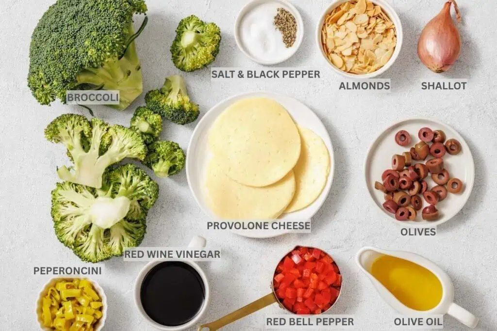 Assorted labeled ingredients including broccoli, provolone cheese, almonds, olives, shallot, red bell pepper, peperoncini, red wine vinegar, olive oil, salt, and black pepper.