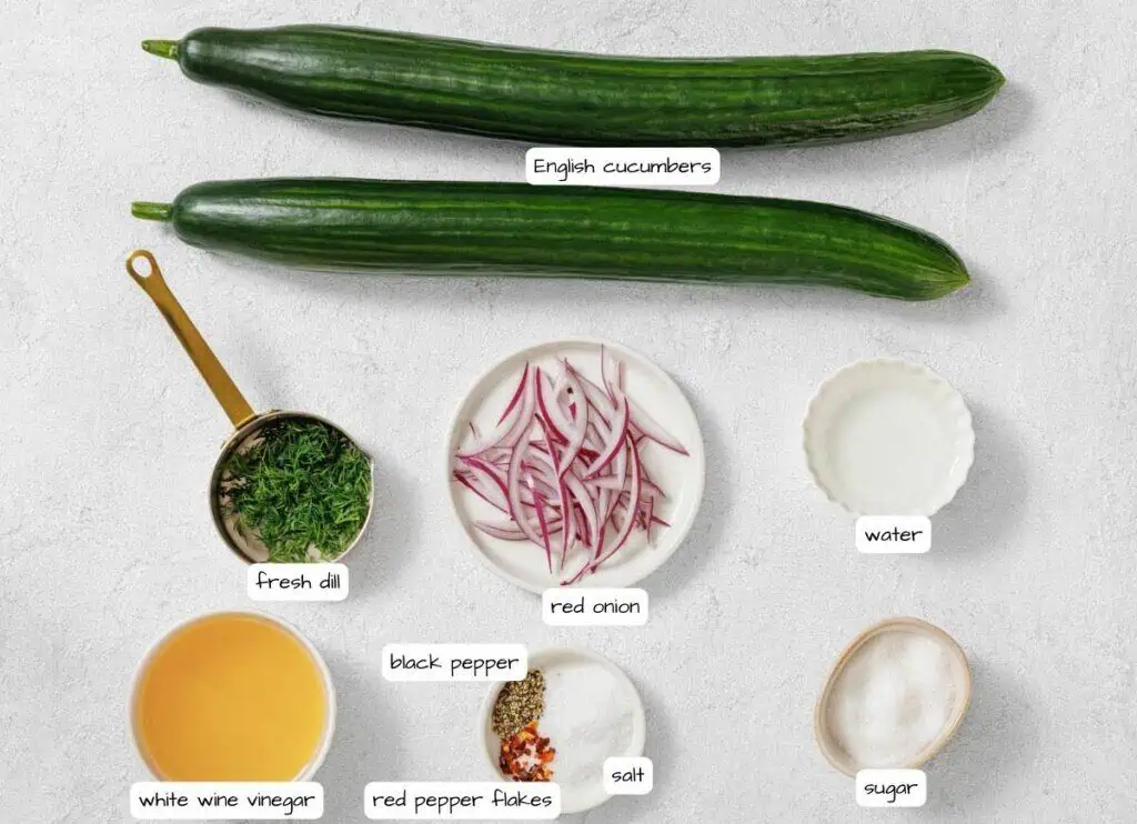 Top-down view of ingredients for a cucumber salad, including English cucumbers, fresh dill, red onion, white wine vinegar, water, black pepper, red pepper flakes, salt, and sugar.