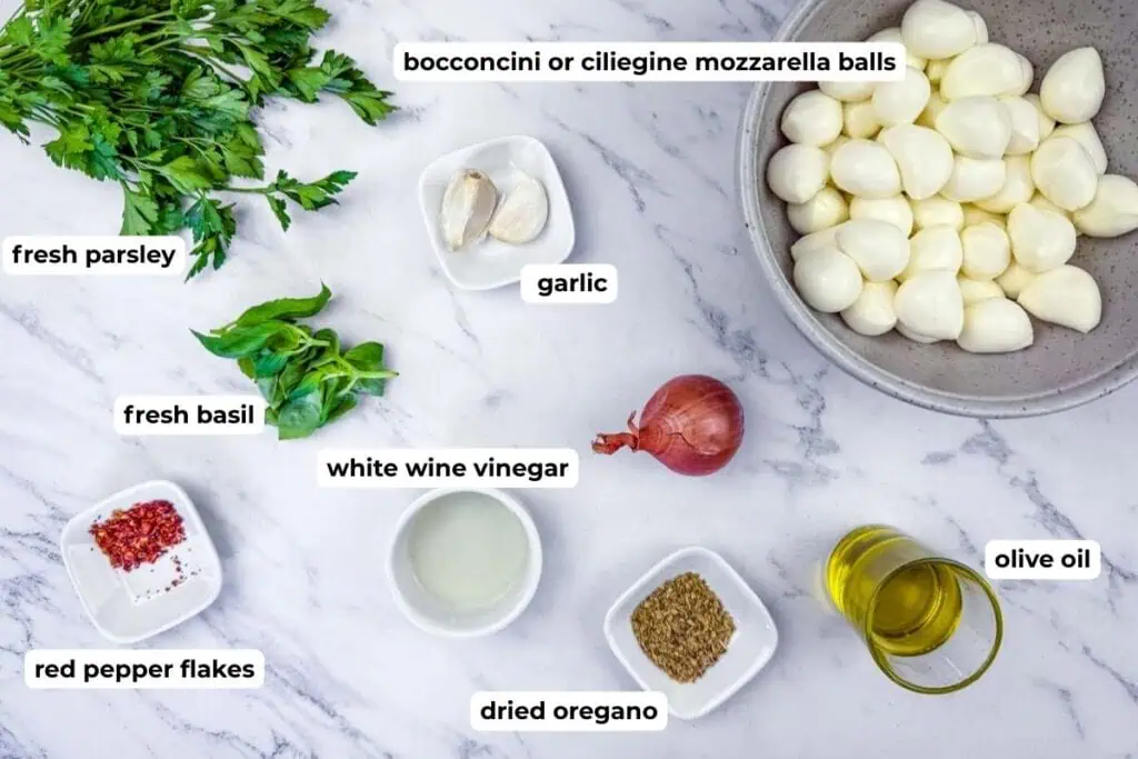 Ingredients laid out on a marble surface, including boccconcini, fresh parsley, basil, garlic, red pepper flakes, white wine vinegar, dried oregano, olive oil, and a shallot.