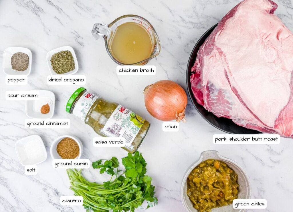 Overhead shot of various ingredients laid out on a white marble surface with gray veins, including a large piece of raw pork on a black plate, a jar of green salsa, a yellow onion, a measuring cup of broth, small bowls of spices, and fresh cilantro. Each ingredient is labeled with text.