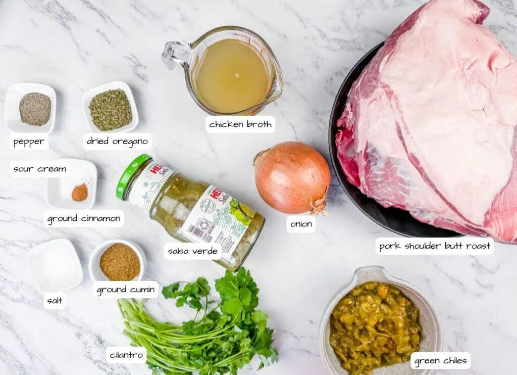 Overhead shot of various ingredients laid out on a white marble surface with gray veins, including a large piece of raw pork on a black plate, a jar of green salsa, a yellow onion, a measuring cup of broth, small bowls of spices, and fresh cilantro. Each ingredient is labeled with text.