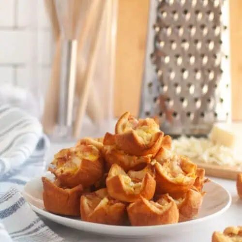 A white plate piled with small, golden-brown Ham and Cheese Puffs.