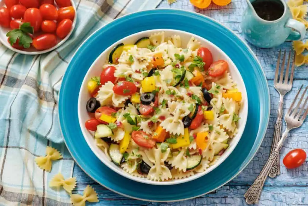 A bowl of bow-tie pasta salad with cherry tomatoes, black olives, yellow bell peppers, cucumbers, and herbs, placed on a blue plate with a fork and napkin nearby.