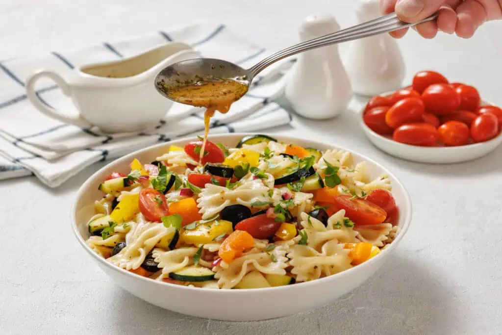 A hand drizzles dressing over a bowl of pasta salad with cherry tomatoes, zucchini, bell peppers, and herbs. A bowl of tomatoes, sauce, and salt and pepper shakers are in the background.