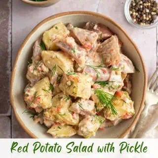 Photo of a delicious Creamy Red Potato Salad with Pickle.