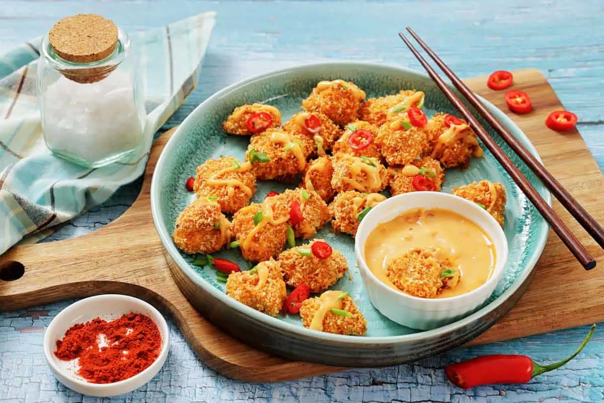 A plate of bang bang chicken bites garnished with sliced red chili and green onions, served with a dipping sauce.