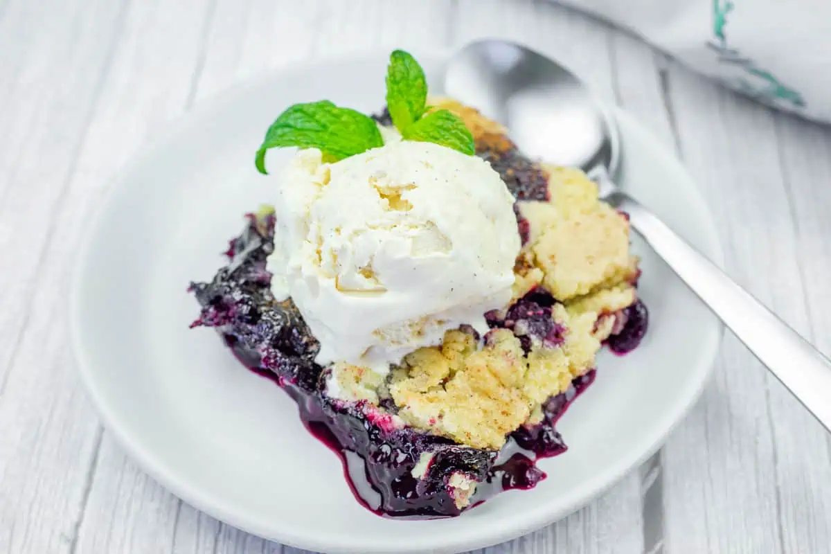 A white plate holds a serving of blueberry dump cake topped with a scoop of vanilla ice cream and fresh mint, with a spoon nearby.