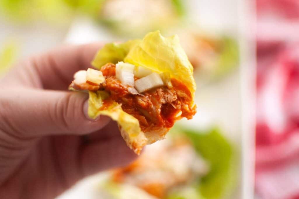 A hand holds a lettuce cup filled with shredded meat, sauce, and chopped onions.