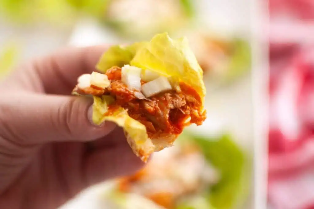 A hand holds a lettuce cup filled with shredded meat, sauce, and chopped onions.