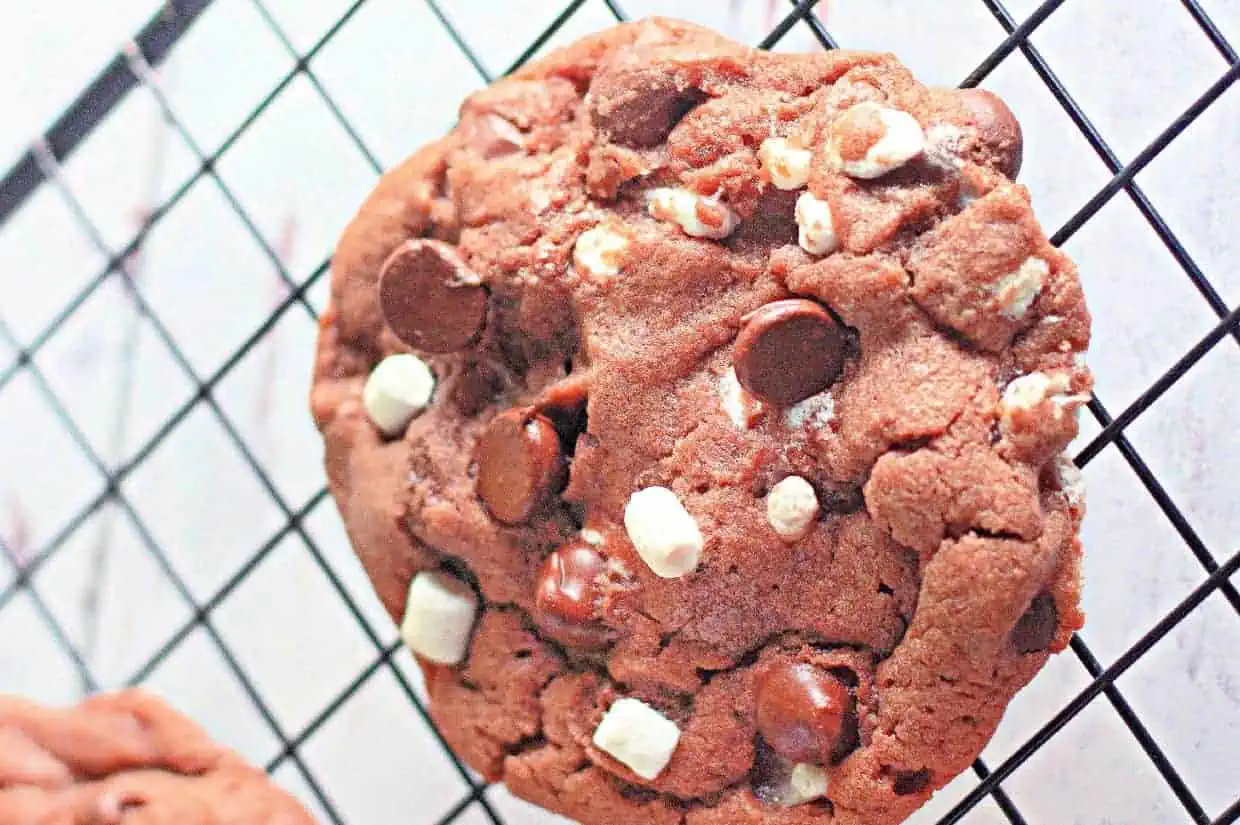 A close-up of a cocoa chip cookie with white and dark chocolate chunks resting on a black cooling rack.