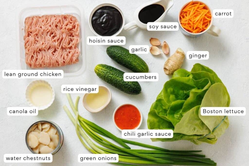 Ingredients for a lettuce wrap on a white surface.