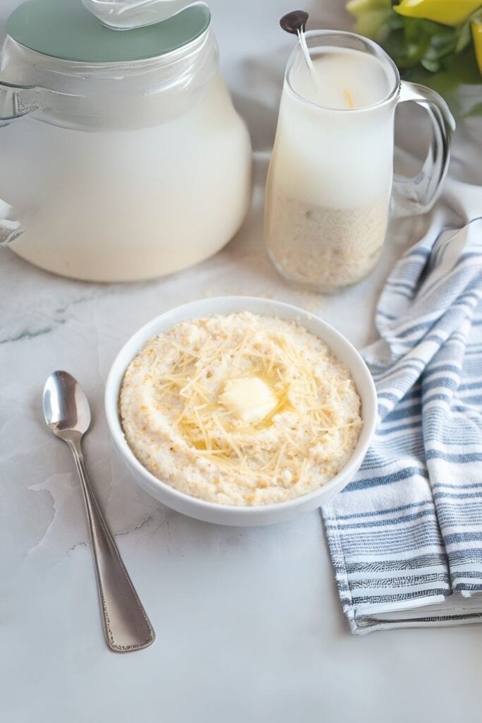 A bowl of creamy grits topped with shredded cheese and a pat of butter sits next to a spoon, a striped napkin, a glass pitcher of milk, and a milk jug on a marble surface.