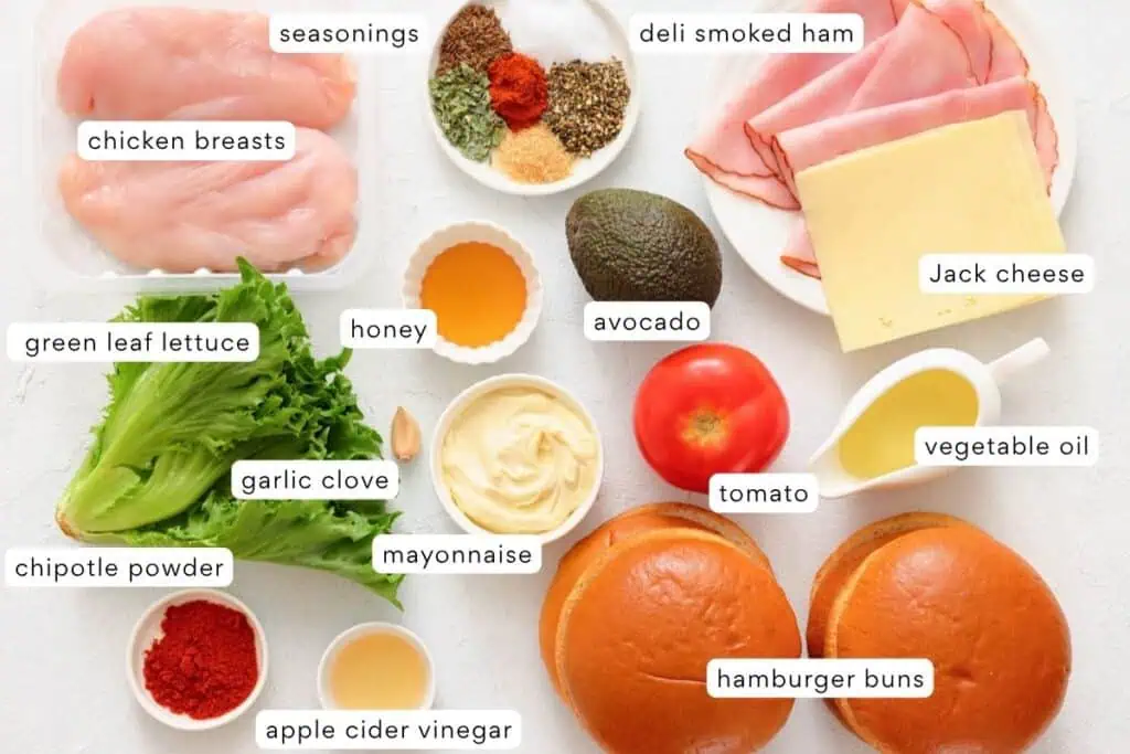 A top view of labeled sandwich ingredients including chicken breasts, deli smoked ham, Jack cheese, lettuce, tomato, avocado, burger buns, mayonnaise, and various seasonings.
