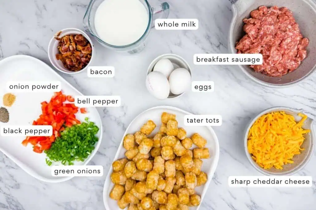 Ingredients for a breakfast casserole, including tater tots, sharp cheddar cheese, eggs, whole milk, breakfast sausage, bacon, green onions, bell pepper, onion powder, and black pepper.