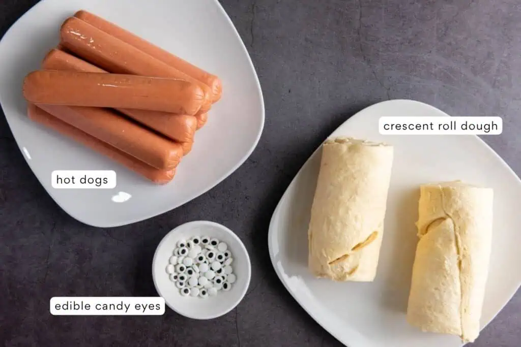 A plate of hot dogs, a plate with two rolls of crescent roll dough, and a small bowl of edible candy eyes are arranged on a gray surface. Labels identify each item.