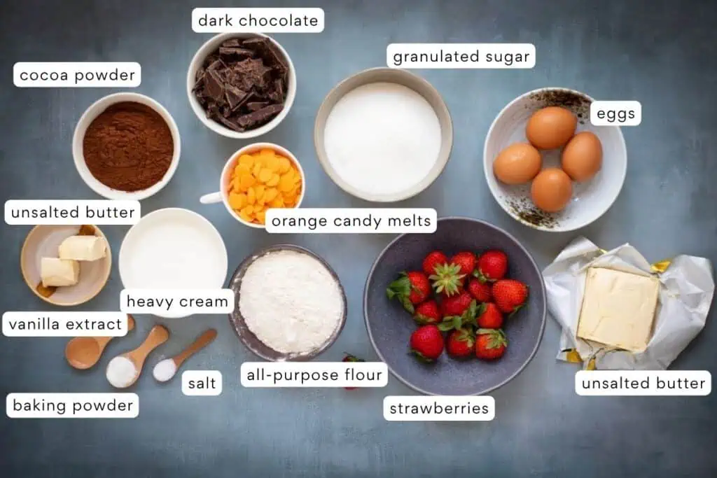 Assorted baking ingredients labeled in bowls and dishes, including cocoa powder, dark chocolate, sugar, eggs, butter, candy melts, cream, flour, strawberries, vanilla, baking powder, and salt.