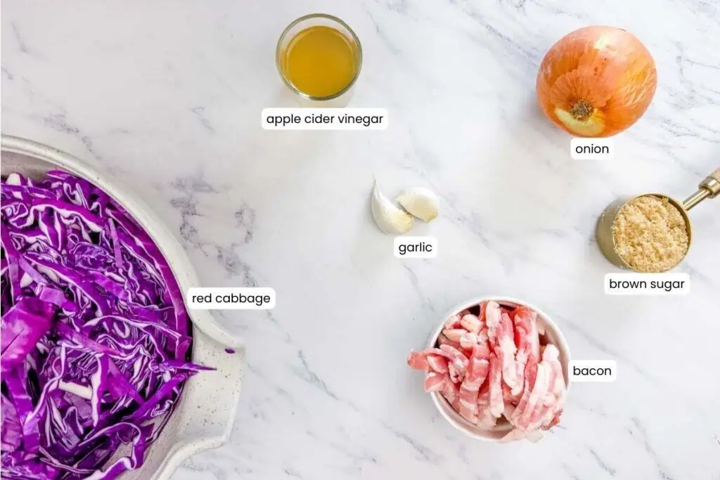 Ingredients on a marble surface: shredded red cabbage, apple cider vinegar, onion, brown sugar, garlic cloves, and sliced bacon.