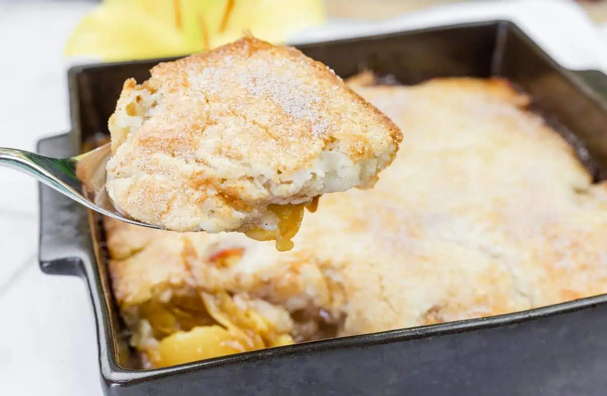 A close-up of a spoon holding a serving of peach cobbler above a baking dish filled with the dessert.