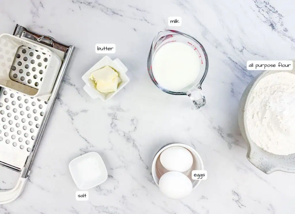 Spaetzle ingredients with label.