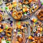 Colorful Halloween bark topped with candy corn, pretzels, candy eyes, sprinkles, and chocolate, broken into pieces on a flat surface.