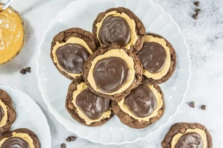 A plate of chocolate cookies topped with a layer of peanut butter and chocolate frosting, arranged in a circular pattern on a white plate.
