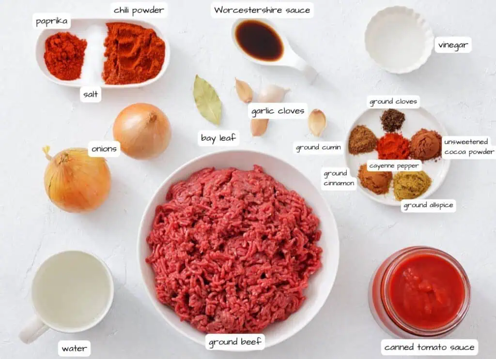 A flat lay of ingredients for chili, including ground beef, onions, canned tomato sauce, spices, water, Worcestershire sauce, and vinegar, all labeled.