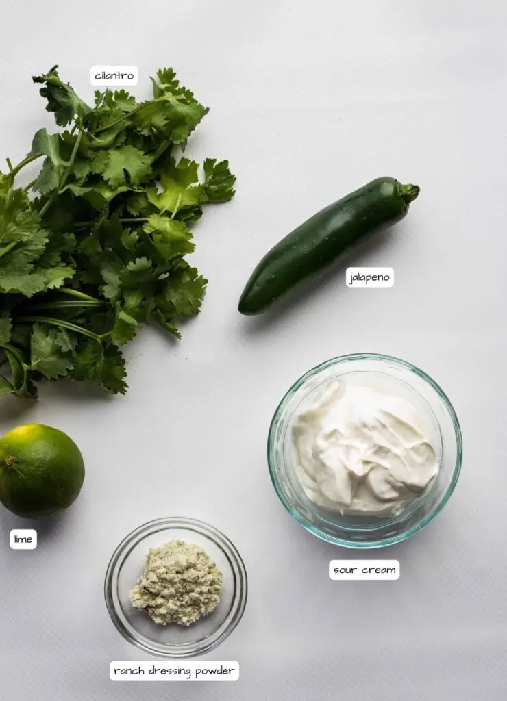 A bunch of cilantro, a jalapeno, a lime, a bowl of sour cream, and a small dish of ranch dressing powder on a white surface, each labeled.